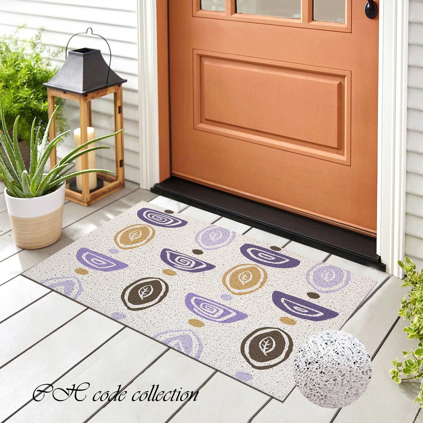 JoySwallow Purple Khaki Leaves Line Art PVC Coil Entrance Door Mat, Irregular Blocks Anti-Skid Outdoor Mat, Animal Entryway Rug for Porch Courtyard