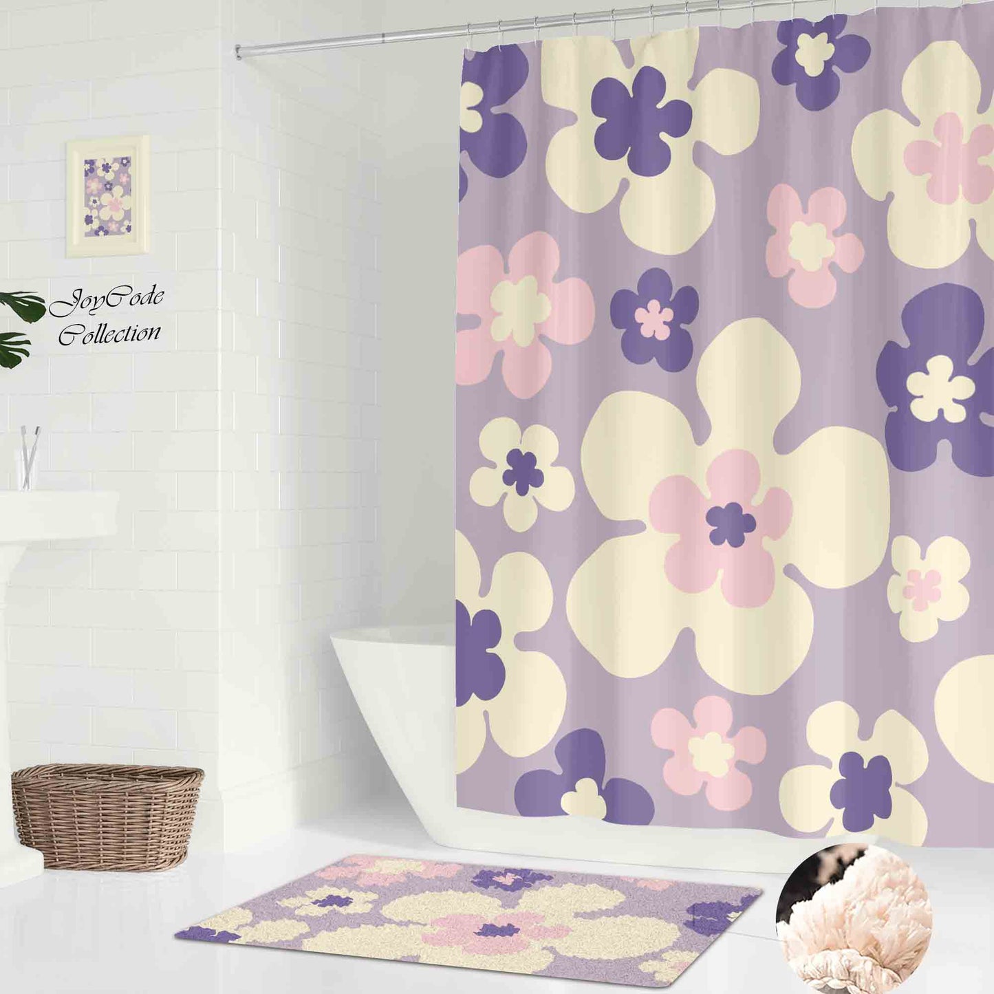 JoySwallow Purple Pink Flowers Shower Curtain, Floral Waterproof Curtains, Machine Washable Shower Curtains, Heavy Weighted Bath Curtains with hooks