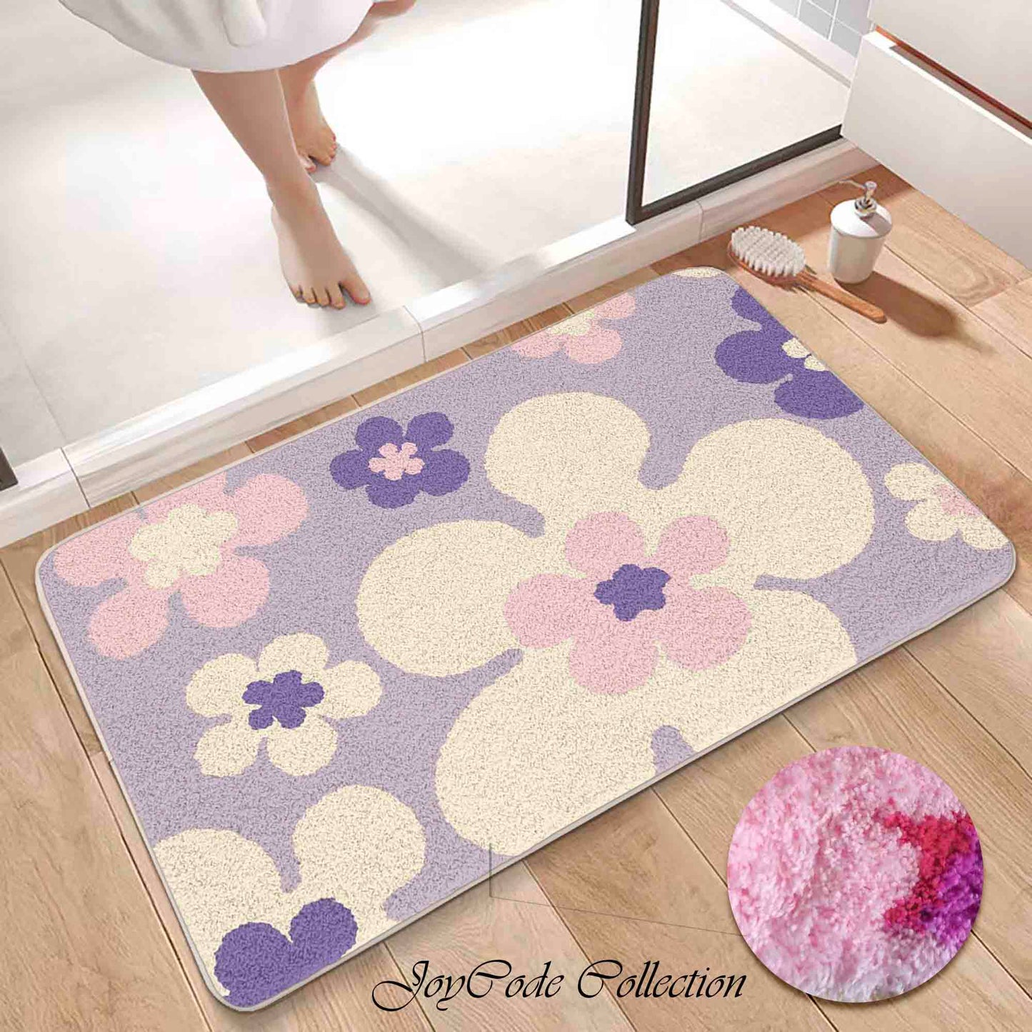 JoySwallow Purple Pink Flowers Tufted Bathmat, Floral Bathroom Rug, Flower Area Rug, Floral Bedroom Rugs