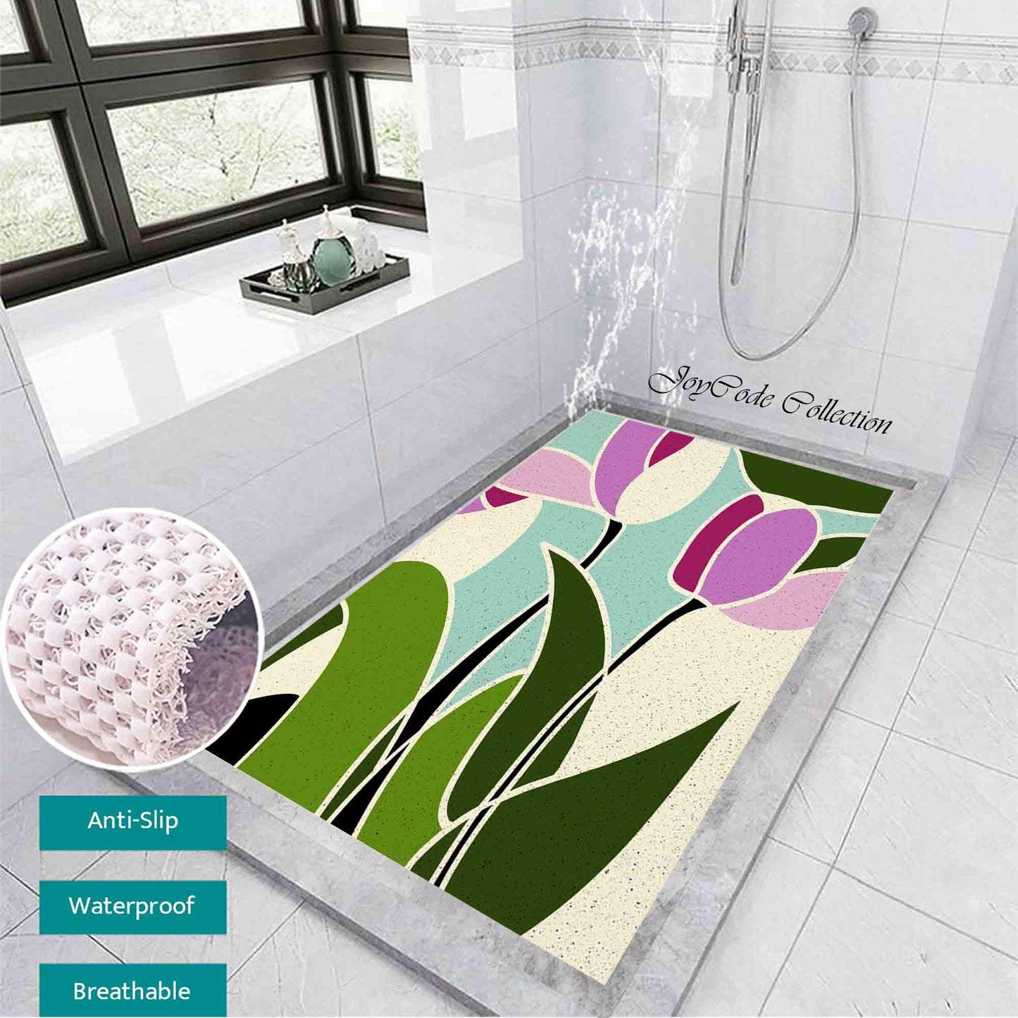 JoySwallow Personalized Bathtub Mat, Purple Tulip Bathtub Mat, PVC Coil Shower Mat, Anti Skid PVC Coil Bathmat, Floral Permeable Bathmat, Irregular Shaped Drainable Rug