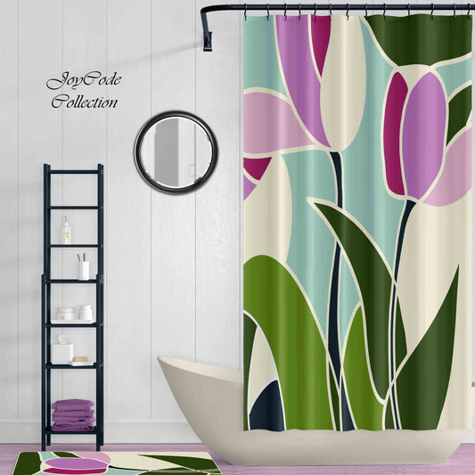 JoySwallow Purple Tulip Shower Curtain, Leaves Waterproof Curtains, Floral Machine Washable Shower Curtains, flower Heavy Weighted Bath Curtains with hooks