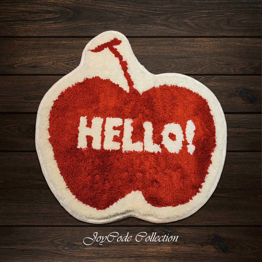 JoySwallow Irregular Hello Red Apple Tufted Bathmat, Apple Bathroom Rug, Fruit Area Rug, Quotation Bedroom Rugs