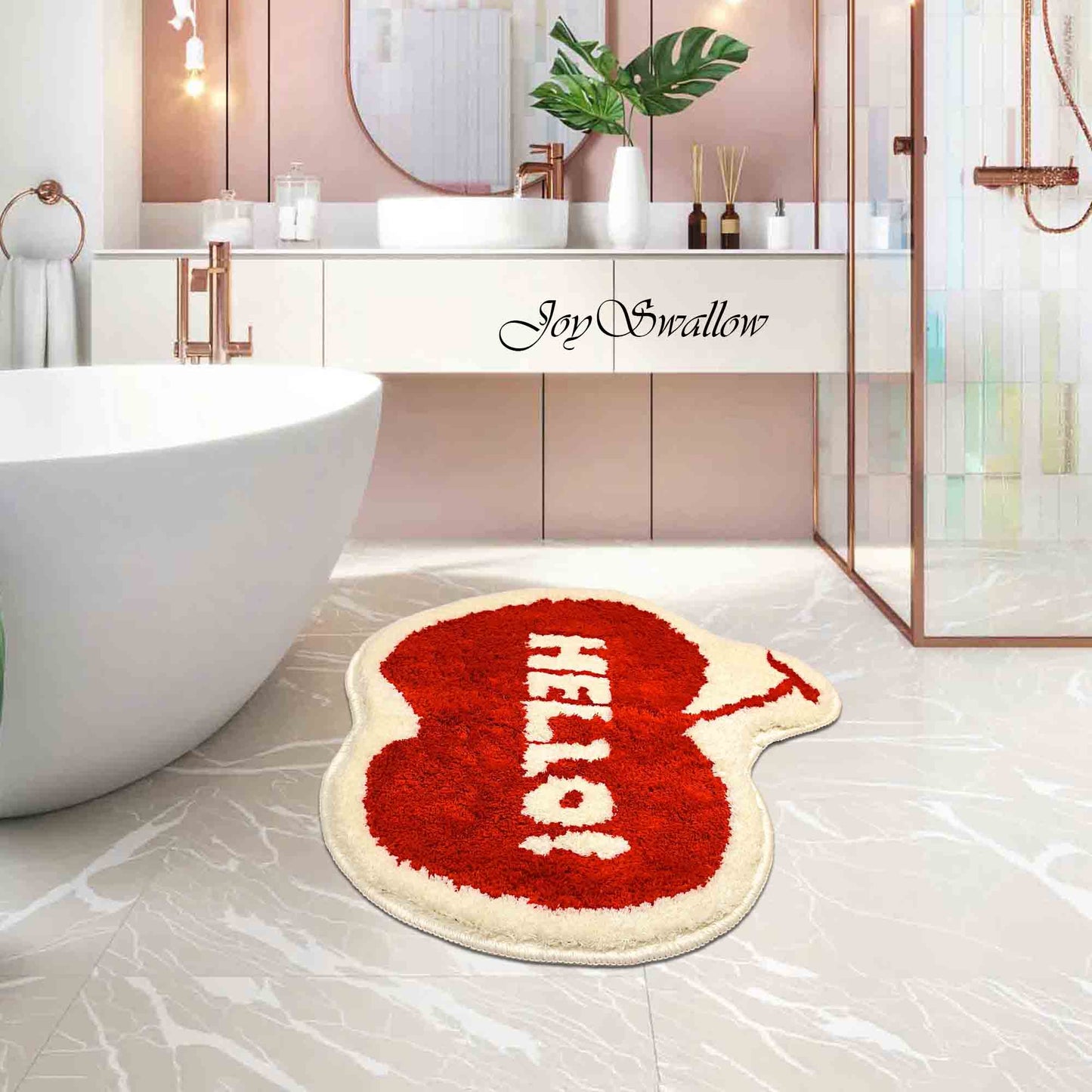 JoySwallow Irregular Hello Red Apple Tufted Bathmat, Apple Bathroom Rug, Fruit Area Rug, Quotation Bedroom Rugs