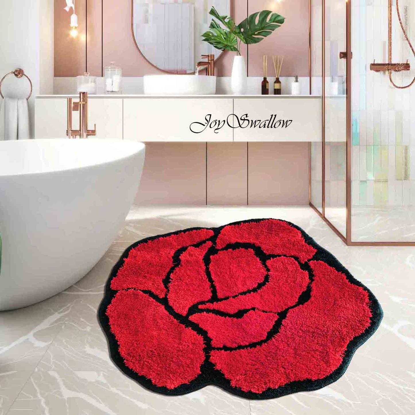 JoySwallow Irregular Valentine Red Rose Tufted Bathmat, Floral Bathroom Rug, Flower Area Rug, Floral Bedroom Rugs，Valentines Gift