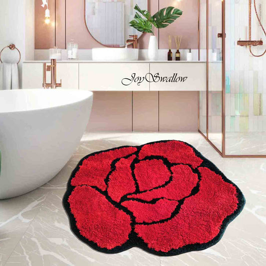 JoySwallow Irregular Valentine Red Rose Tufted Bathmat, Floral Bathroom Rug, Flower Area Rug, Floral Bedroom Rugs，Valentines Gift