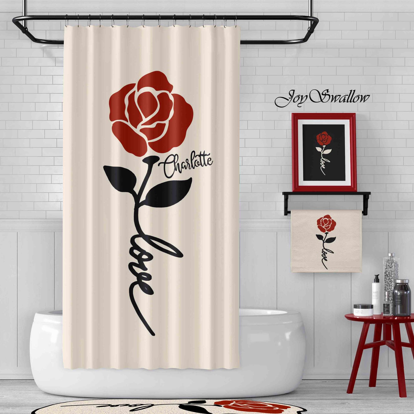 JoySwallow Red Rose Shower Curtain, Leaves Waterproof Curtains, Valentines Gift, Floral Machine Washable Shower Curtains, Heavy Weighted Bath Curtains with hooks