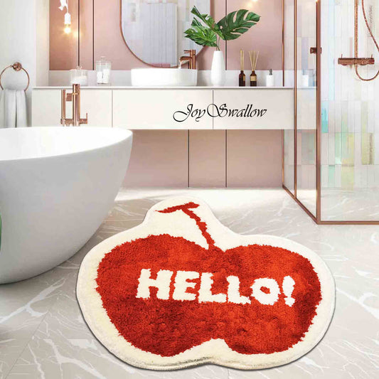 JoySwallow Irregular Hello Red Apple Tufted Bathmat, Apple Bathroom Rug, Fruit Area Rug, Quotation Bedroom Rugs