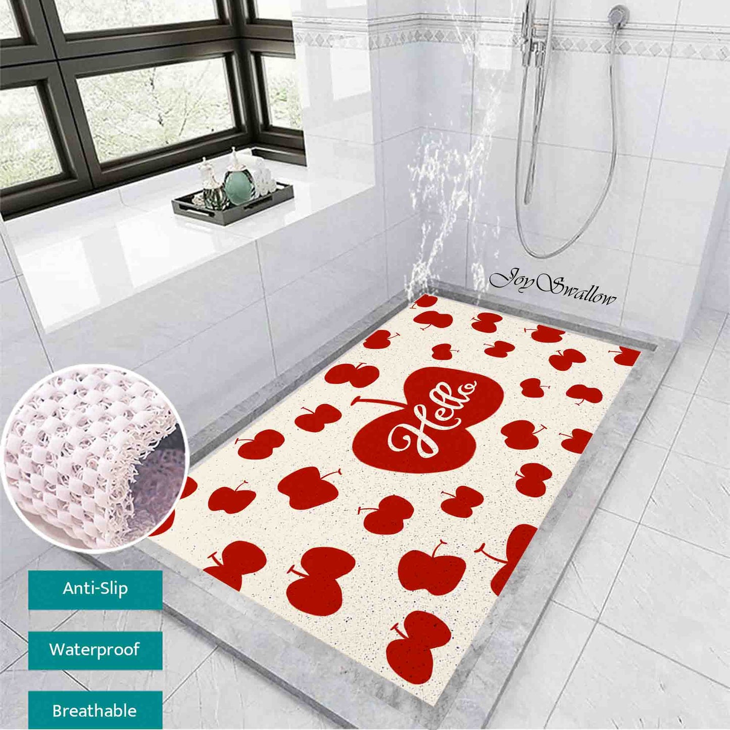 JoySwallow Personalized Bathtub Mat, Red Apples Bathtub Mat, PVC Coil Shower Mat, Anti Skid PVC Coil Bathmat, Floral Permeable Bathmat, Fruits Drainable Rug