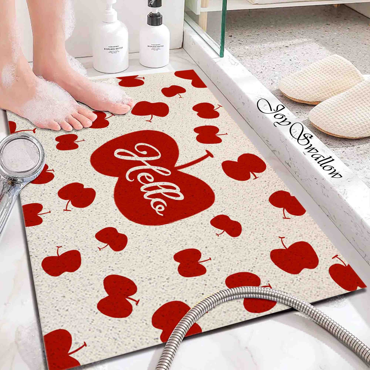 JoySwallow Personalized Bathtub Mat, Red Apples Bathtub Mat, PVC Coil Shower Mat, Anti Skid PVC Coil Bathmat, Floral Permeable Bathmat, Fruits Drainable Rug