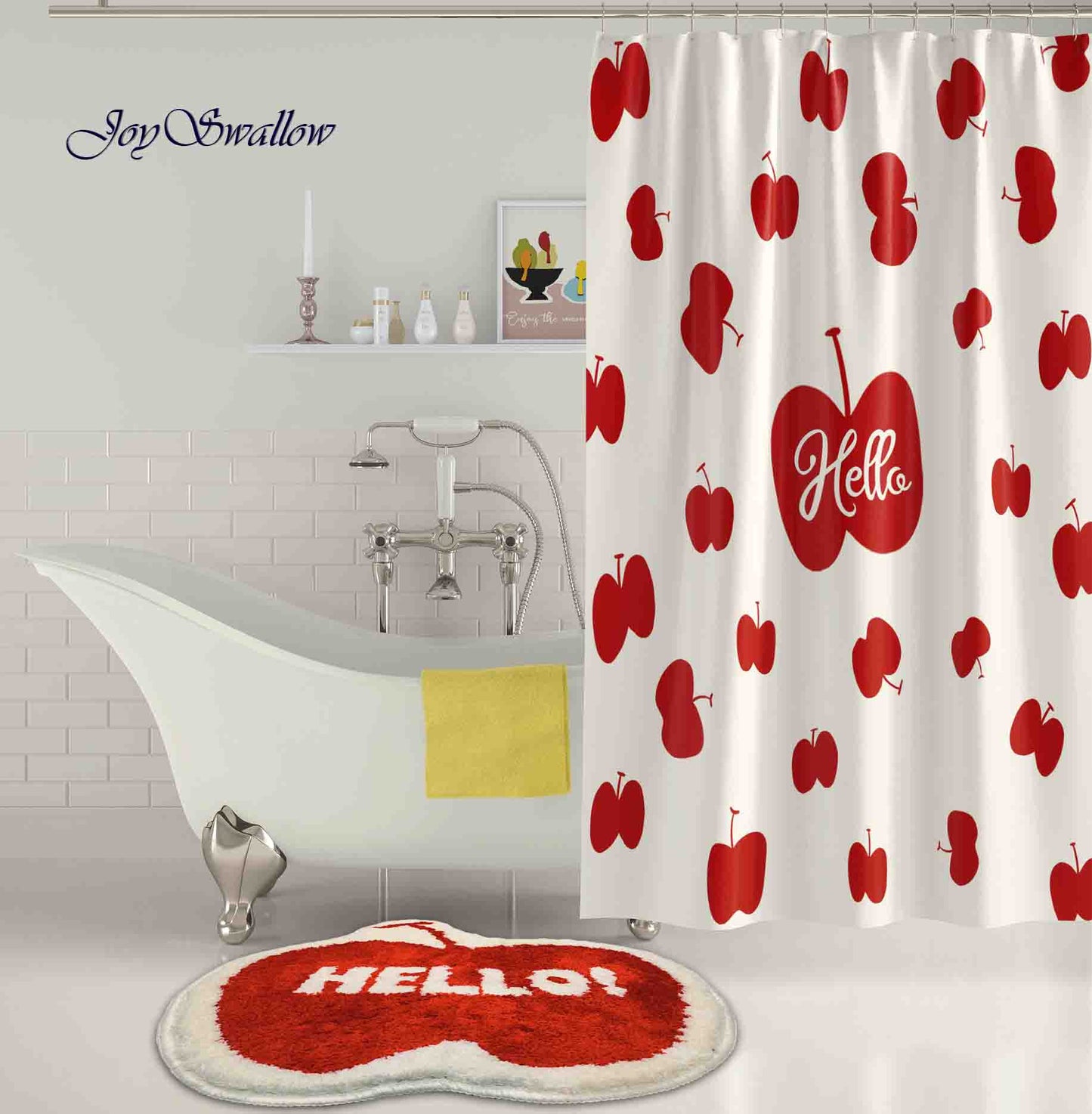 JoySwallow Personalized Shower Curtain, Hello Red Apples Curtains, Fruit Shower Curtain, Waterproof Curtain, Machine Washable Shower Curtains, Heavy Weighted Bath Curtains with hooks