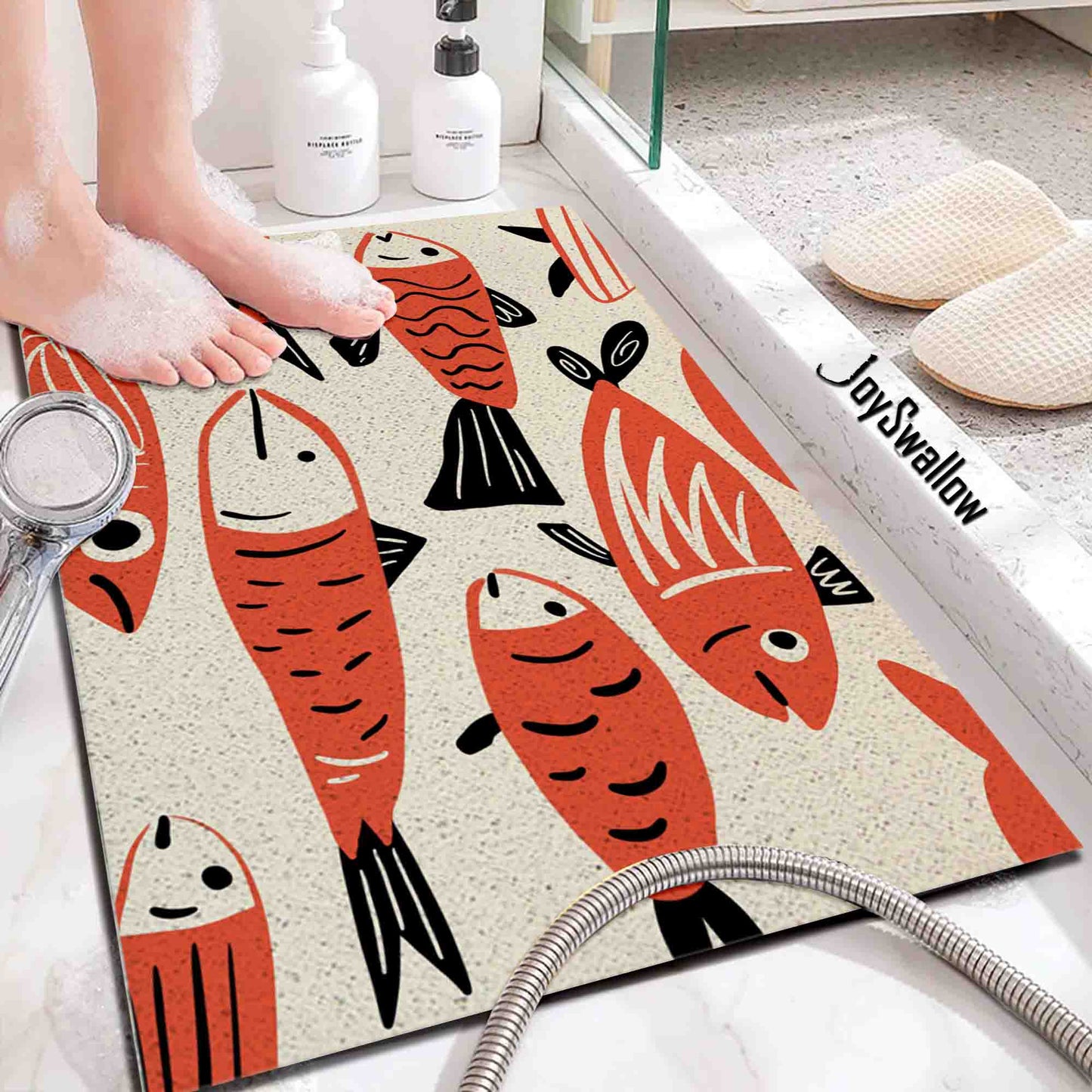 JoySwallow Personalized Bathtub Mat, Red Fish Bathtub Mat, Animal Art PVC Coil Shower Mat, Anti Skid PVC Coil Bathmat, Fish Permeable Bathmat, Leaves Drainable Rug