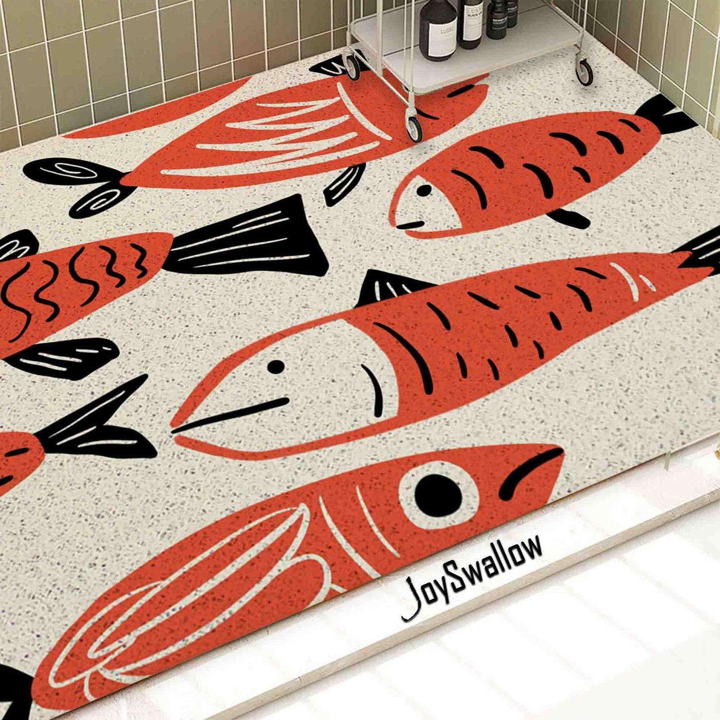 JoySwallow Personalized Bathtub Mat, Red Fish Bathtub Mat, Animal Art PVC Coil Shower Mat, Anti Skid PVC Coil Bathmat, Fish Permeable Bathmat, Leaves Drainable Rug