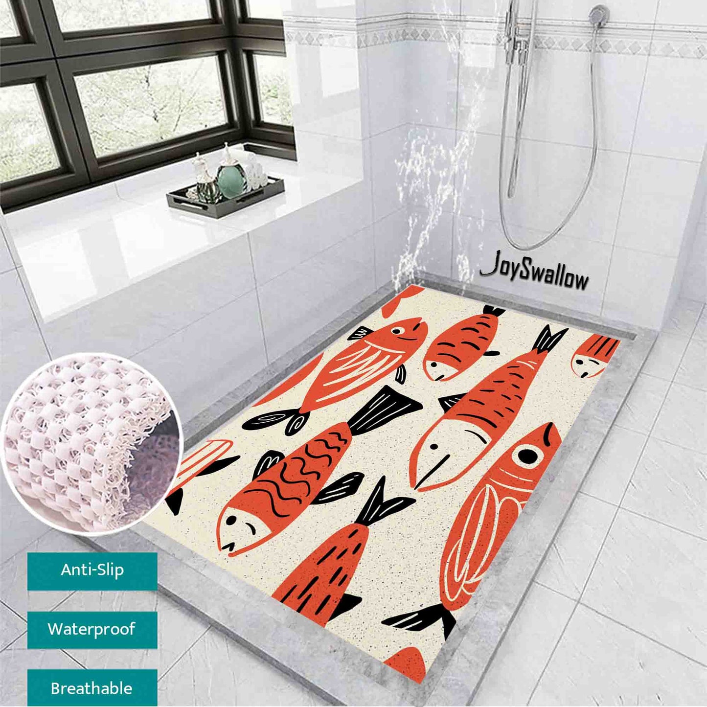 JoySwallow Personalized Bathtub Mat, Red Fish Bathtub Mat, Animal Art PVC Coil Shower Mat, Anti Skid PVC Coil Bathmat, Fish Permeable Bathmat, Leaves Drainable Rug