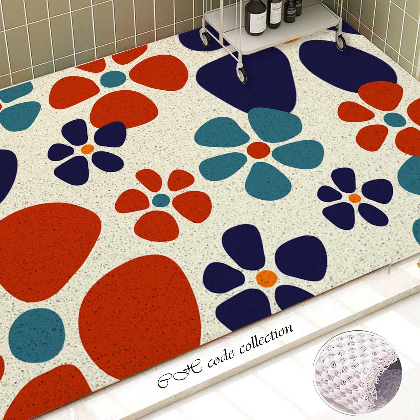 JoySwallow Personalized Bathtub Mat, Red and Navy Flowers Bath Tub Mat, PVC Coil Shower Mat, Anti Skid PVC Coil Bathmat, Floral Permeable Bathmat, Drainable Rug