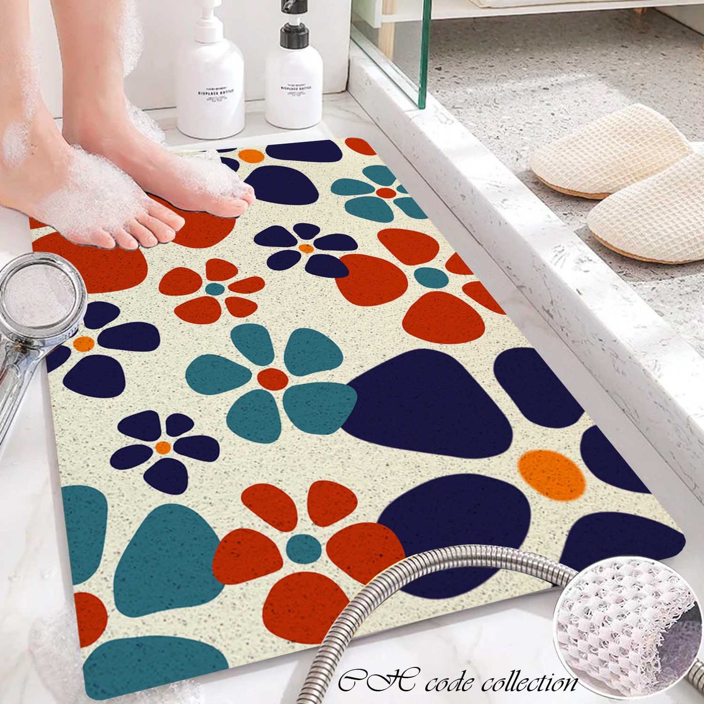 JoySwallow Personalized Bathtub Mat, Red and Navy Flowers Bath Tub Mat, PVC Coil Shower Mat, Anti Skid PVC Coil Bathmat, Floral Permeable Bathmat, Drainable Rug