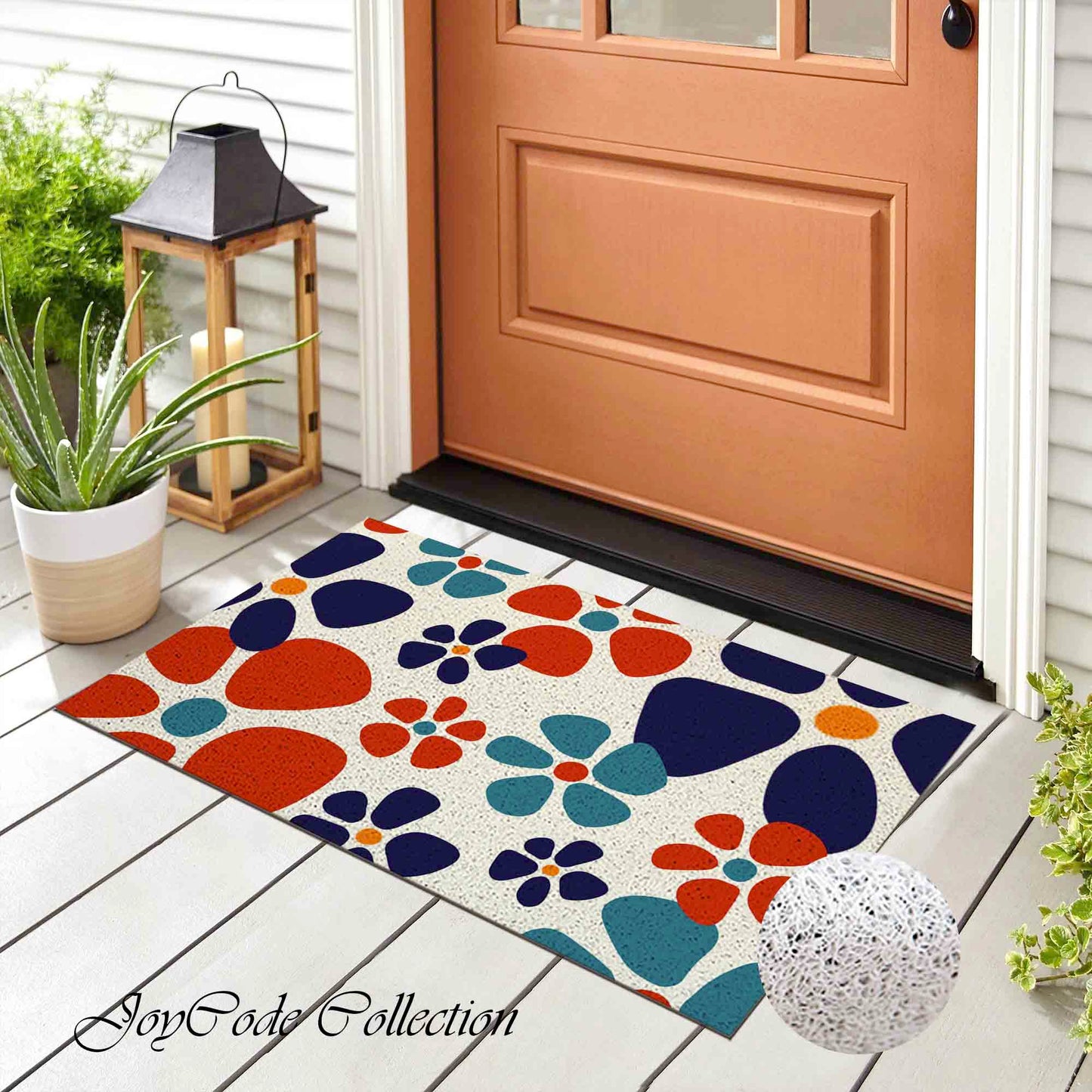 JoySwallow Red and Navy Flowers PVC Coil Entrance Door Mat, Anti-Skid Outdoor Mat, Floral Entryway Rug for Porch Courtyard