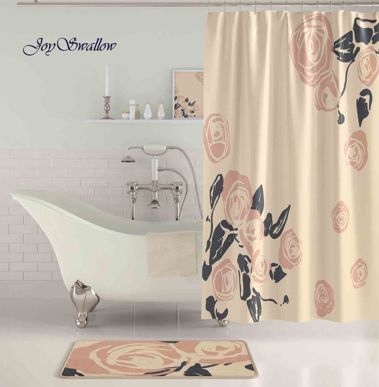 JoySwallow Rose Flowers Shower Curtain, Leaves Waterproof Curtains, Floral Machine Washable Shower Curtains, flower Heavy Weighted Bath Curtains with hooks