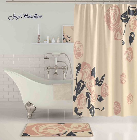 JoySwallow Rose Flowers Shower Curtain, Leaves Waterproof Curtains, Floral Machine Washable Shower Curtains, flower Heavy Weighted Bath Curtains with hooks