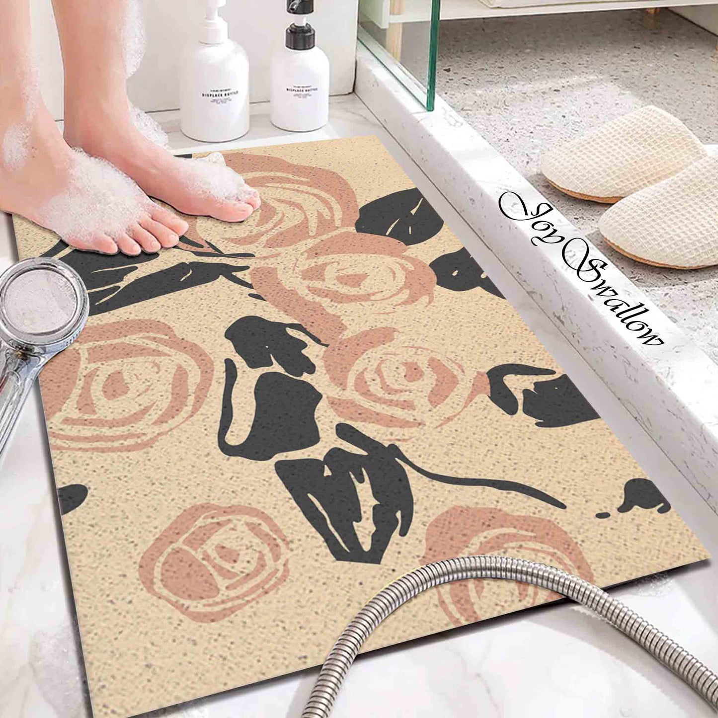 JoySwallow Personalized Bathtub Mat, Pink Roses Bath Tub Mat, Flower PVC Coil Permeable Bath Mat, Floral Drainable Bath Rug, Anti Skid Bathmat