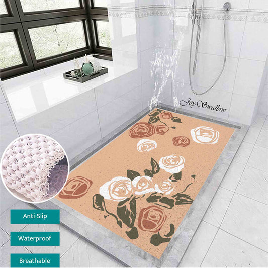 JoySwallow Personalized Bathtub Mat, Pink White Rose Flowers Bath Tub Mat, PVC Coil Permeable Bath Mat, Floral Drainable Bath Rug, Anti Skid Bathmat