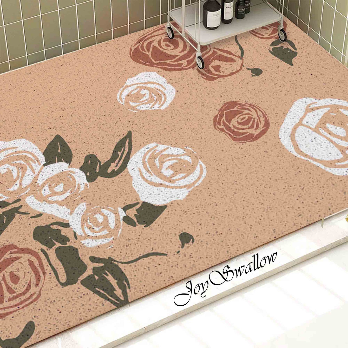 JoySwallow Personalized Bathtub Mat, Pink White Rose Flowers Bath Tub Mat, PVC Coil Permeable Bath Mat, Floral Drainable Bath Rug, Anti Skid Bathmat