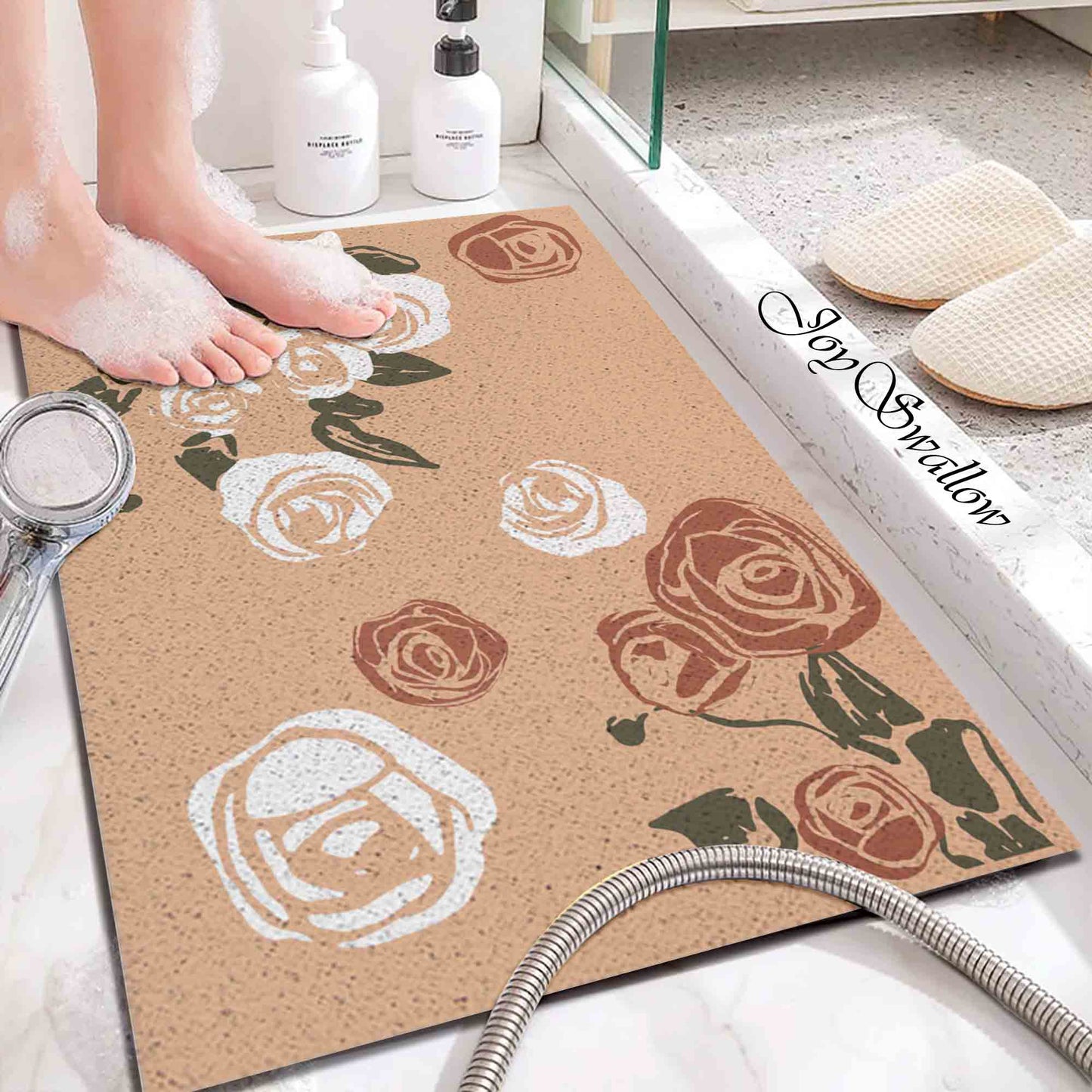 JoySwallow Personalized Bathtub Mat, Pink White Rose Flowers Bath Tub Mat, PVC Coil Permeable Bath Mat, Floral Drainable Bath Rug, Anti Skid Bathmat