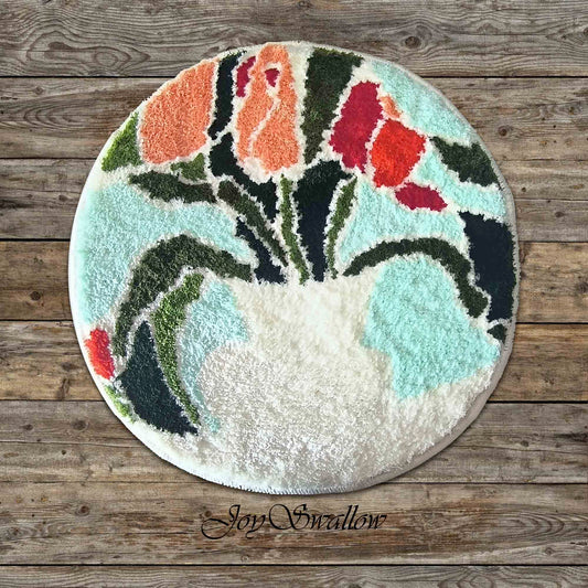 JoySwallow Rose and Vase Round Tufted Bathmat, Lovely Floral Bathroom Rug, Area Rug, Bedroom Rugs, Rug Gift