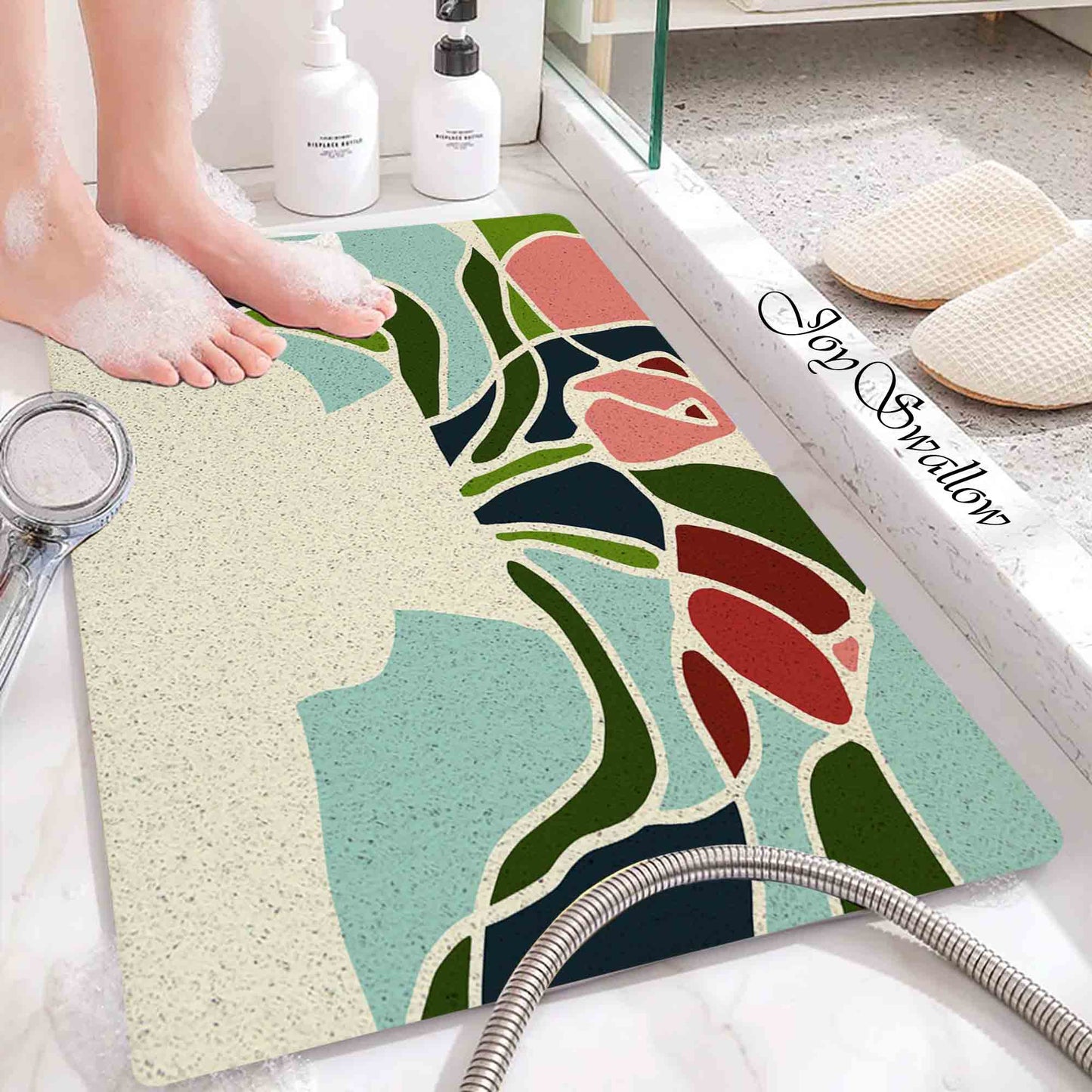 JoySwallow Personalized Bathtub Mat, Rose and Vase Bathtub Mat, Art PVC Coil Shower Mat, Flower Anti Skid PVC Coil Bathmat, Permeable Bathmat, Drainable Rug