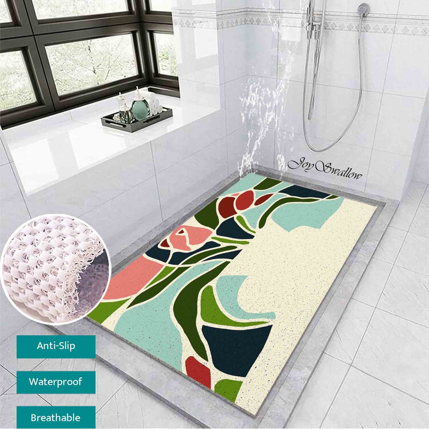 JoySwallow Personalized Bathtub Mat, Rose and Vase Bathtub Mat, Art PVC Coil Shower Mat, Flower Anti Skid PVC Coil Bathmat, Permeable Bathmat, Drainable Rug