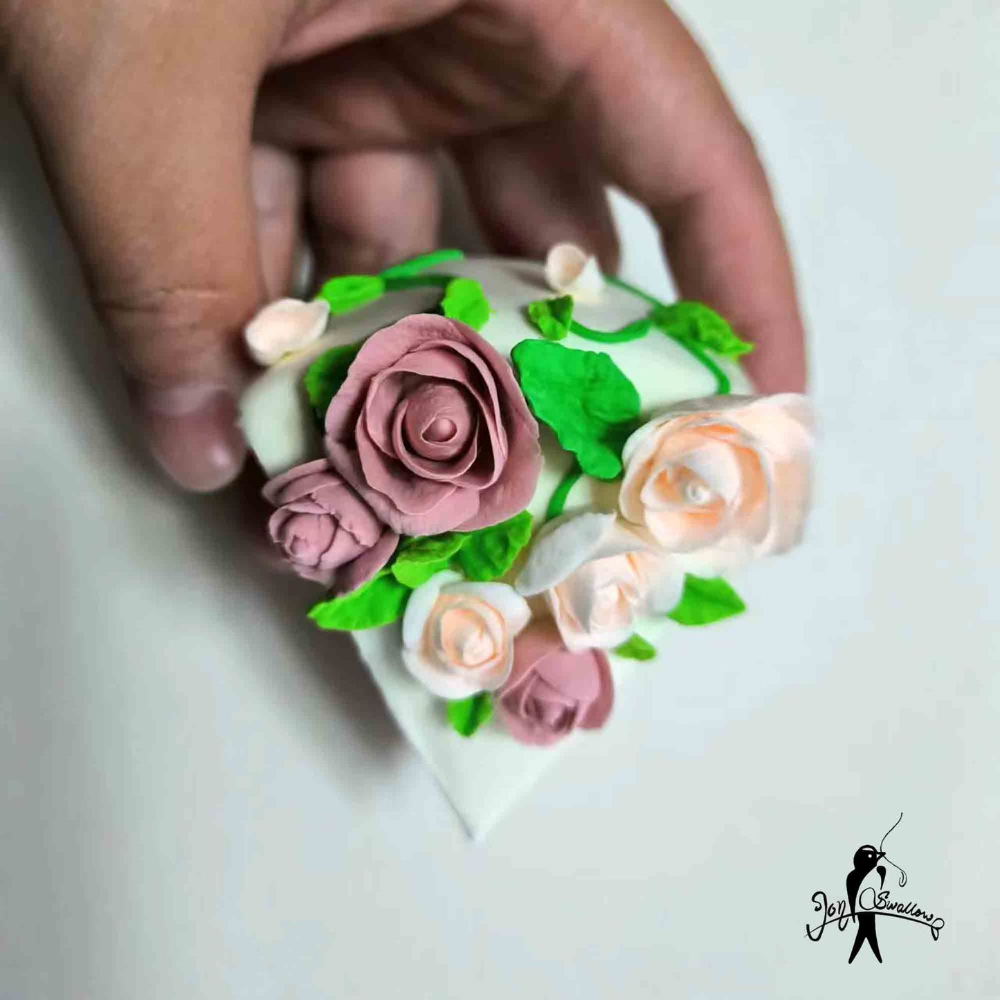 JoySwallow Handmade Polymer Clay Pink Rose Cream Cake, Birthday Wedding Anniversary Cake, Sculpture Statue, Baker Gift, Cookie Decorated Cake Food Decor