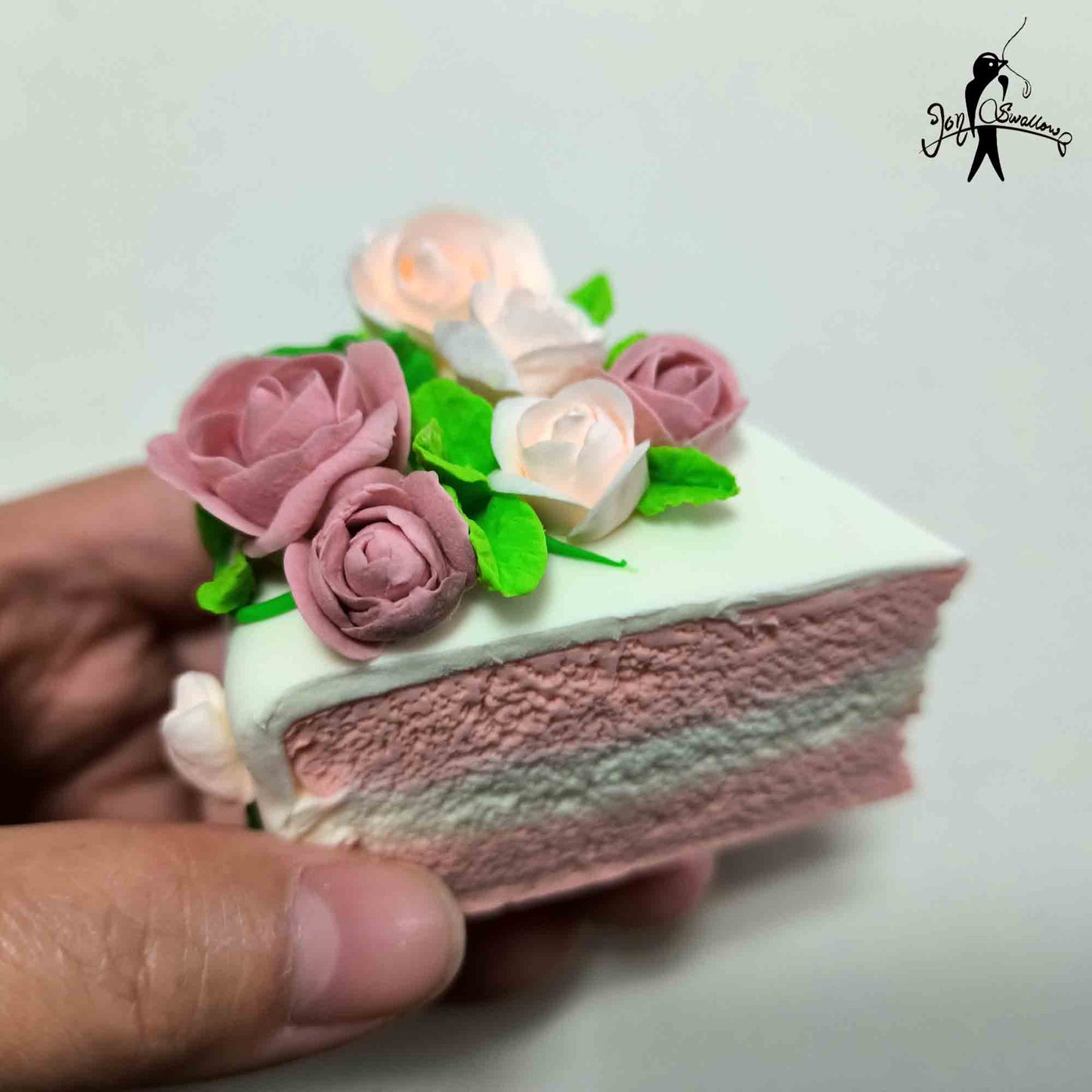 JoySwallow Handmade Polymer Clay Pink Rose Cream Cake, Birthday Wedding Anniversary Cake, Sculpture Statue, Baker Gift, Cookie Decorated Cake Food Decor