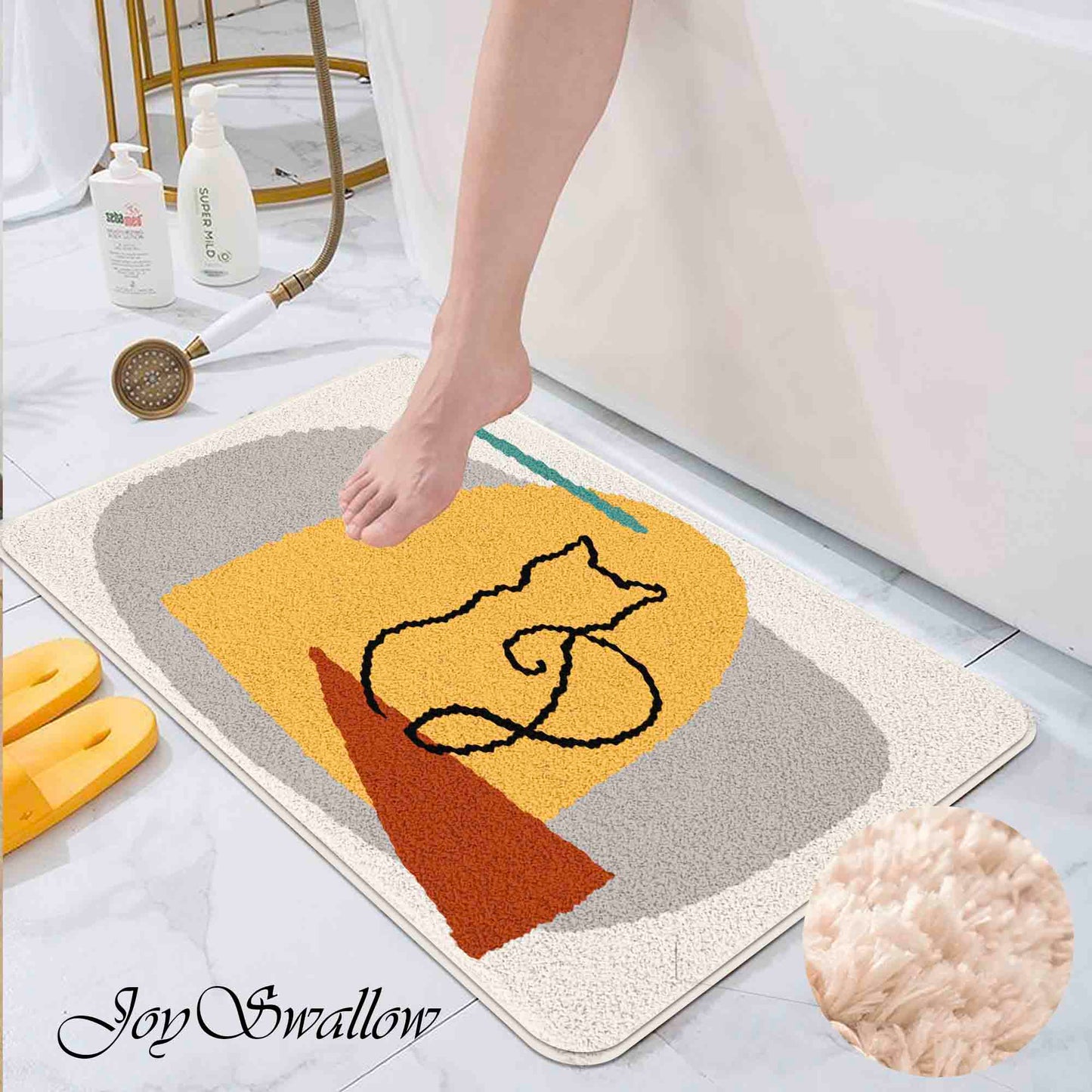 JoySwallow Cat Waiting at Door Tufted Bathmat, Animal Bathroom Rug, Cat Area Rug, Kitty Bedroom Rugs