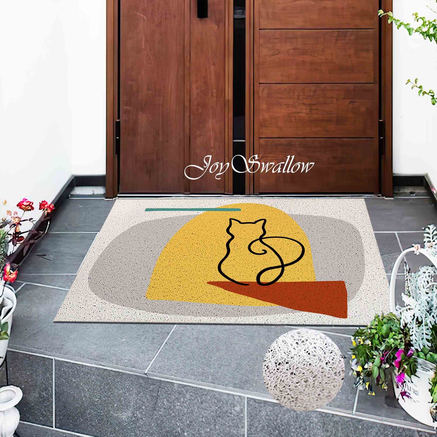 JoySwallow Personalized Door Mat, Cat Waiting at Door Waiting PVC Coil Entrance Door Mat, Cute Animal Anti-Skid Outdoor Mat, Cat Entryway Rug for Porch Courtyard