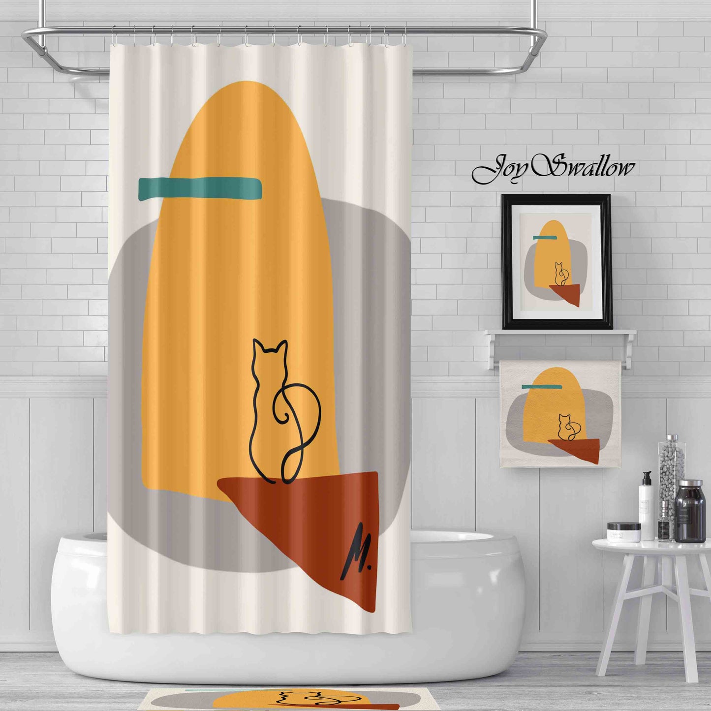 JoySwallow a Cat Waiting at Door Shower Curtain, Cat Waterproof Curtains, Animal Machine Washable Shower Curtains, Heavy Weighted Bath Curtains with hooks