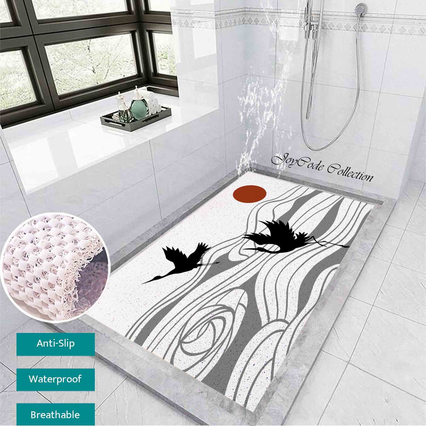 JoySwallow Personalized Bathtub Mat, Two Cranes Mountain Sun Bathtub Mat,  Abstract PVC Coil Shower Mat, Geometrical Anti Skid PVC Coil Bathmat, Permeable Bathmat, Drainable Rug