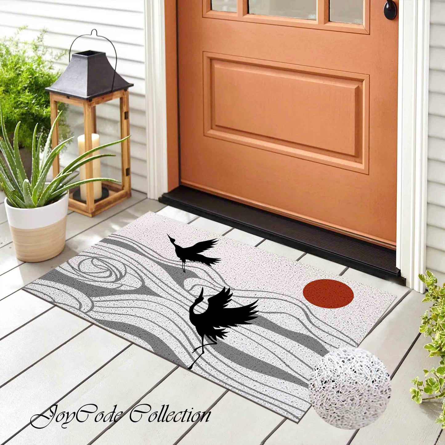 JoySwallow Two Cranes Mountain Sun PVC Coil Entrance Door Mat, Irregular Blocks Anti-Skid Outdoor Mat, Animal Entryway Rug for Porch Courtyard