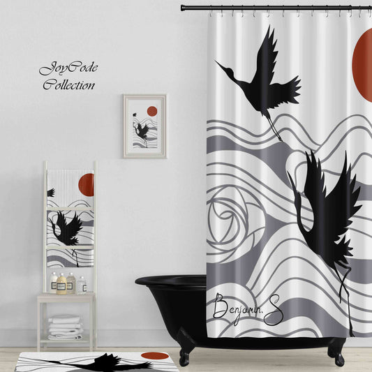 JoySwallow Personalized Shower Curtain, Two Cranes Mountain Sun Shower Curtain, Birds Waterproof Curtains, Animal Machine Washable Shower Curtains, Heavy Weighted Bath Curtains with hooks