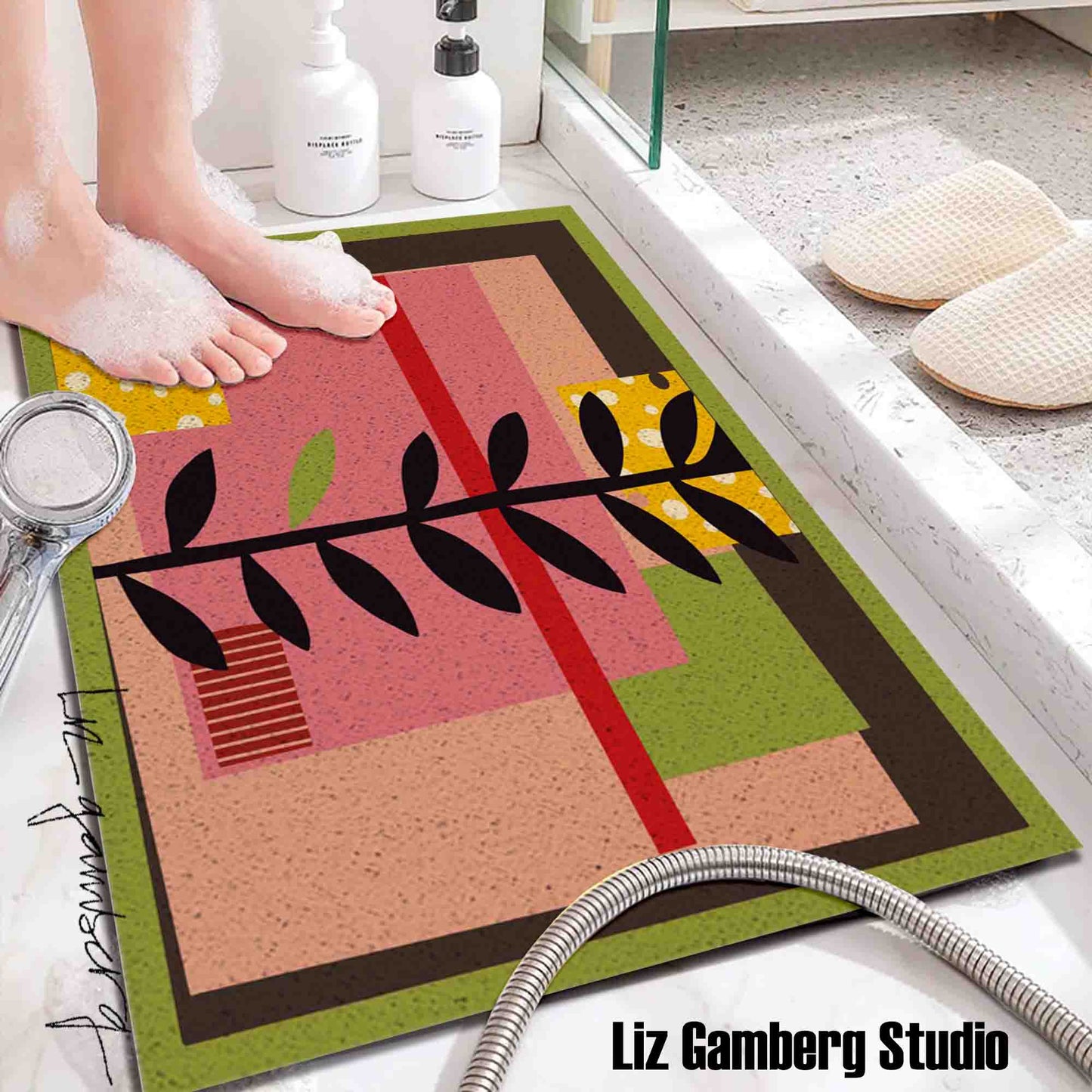 Vine On Pink PVC Coil Bath Tub Mat by Liz Gamberg Studio from US