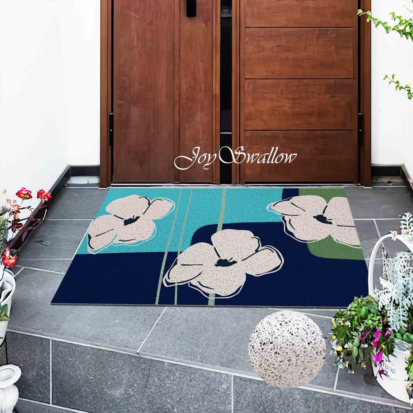 JoySwallow White Anemone Blue Ground Coil Entrance Door Mat, Flowers Anti-Skid Outdoor Mat, Floral Art Entryway Rug for Porch Courtyard