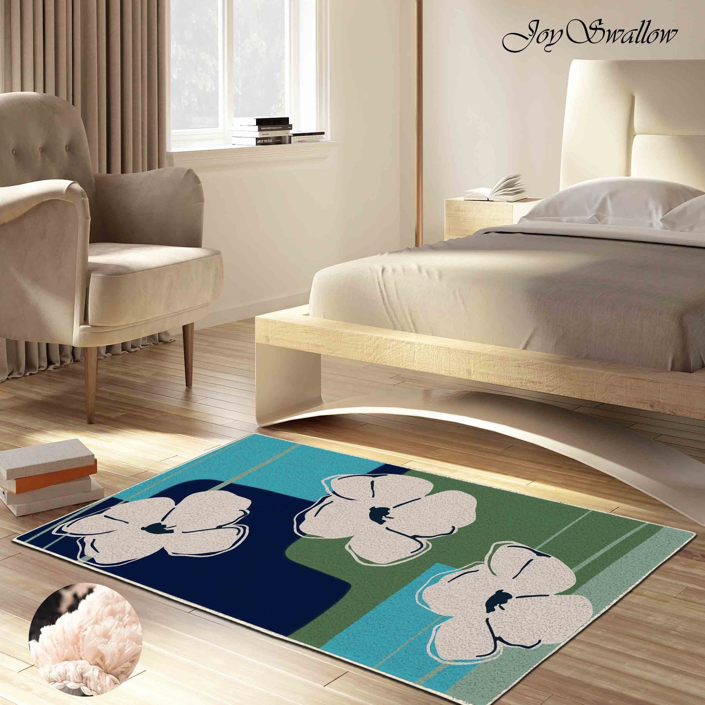 JoySwallow White Anemone Tufted Bathmat, Floral Bathroom Rug, Flower Area Rug, Floral Bedroom Rugs