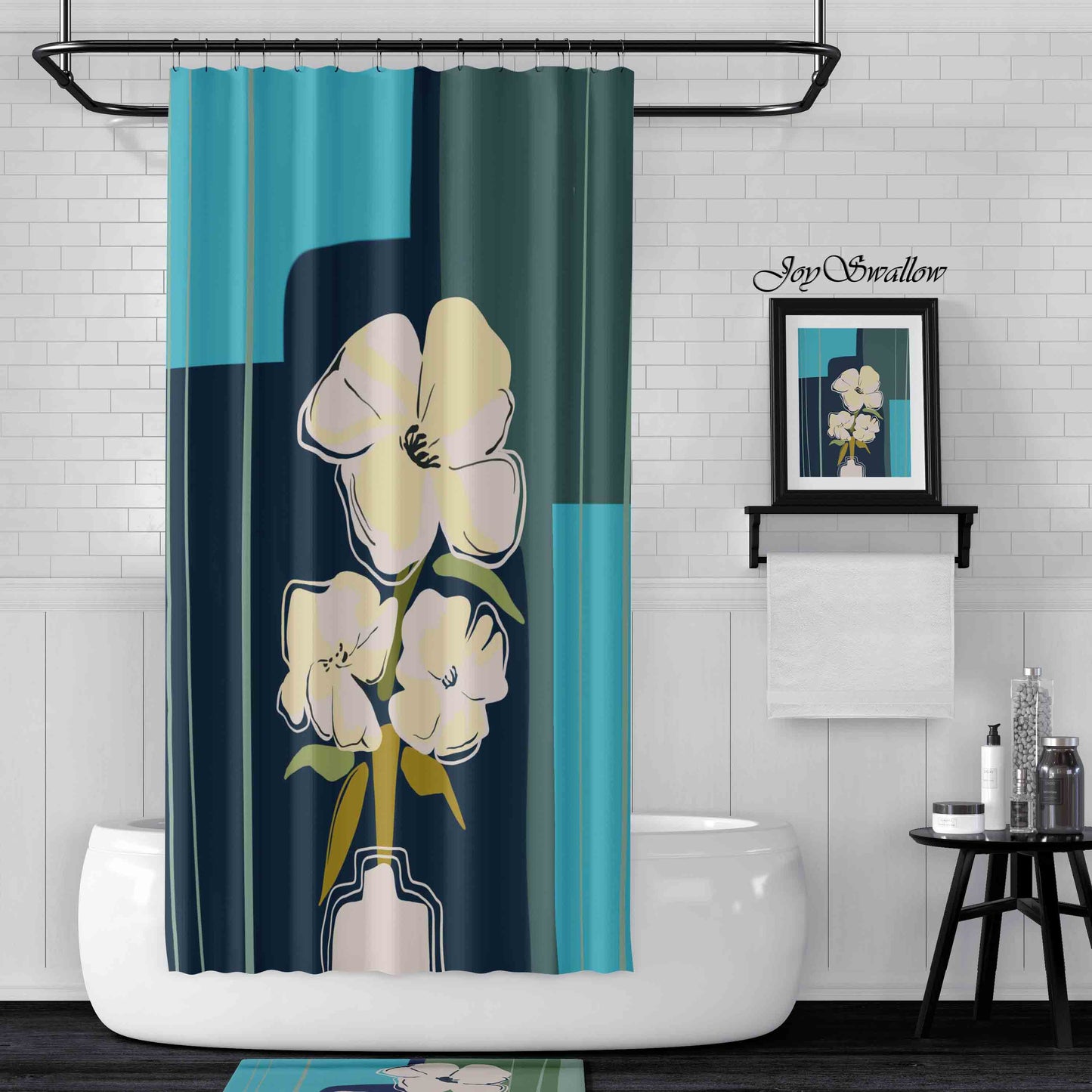 JoySwallow White Anemone Shower Curtain, Leaves Waterproof Curtains, Floral Machine Washable Shower Curtains, flower Heavy Weighted Bath Curtains with hooks