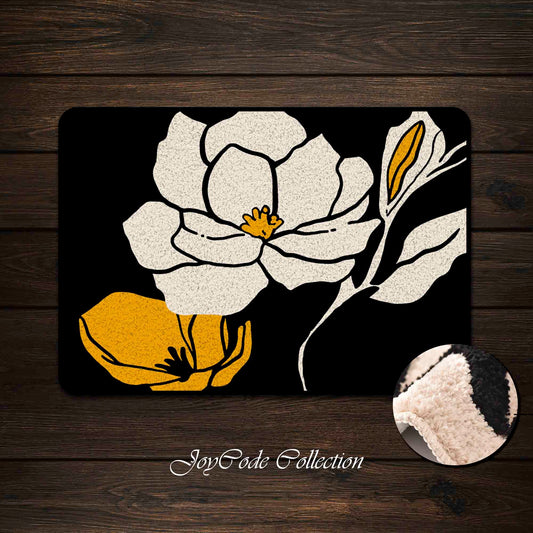 JoySwallow White Orange Flower Art Tufted Bathmat, Floral Bathroom Rug, Flower Area Rug, Floral Bedroom Rugs