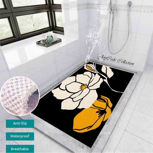 JoySwallow Personalized Bathtub Mat, White Orange Flower Bathtub Mat, PVC Coil Shower Mat, Anti Skid PVC Coil Bathmat, Floral Permeable Bathmat, Irregular Shaped Drainable Rug