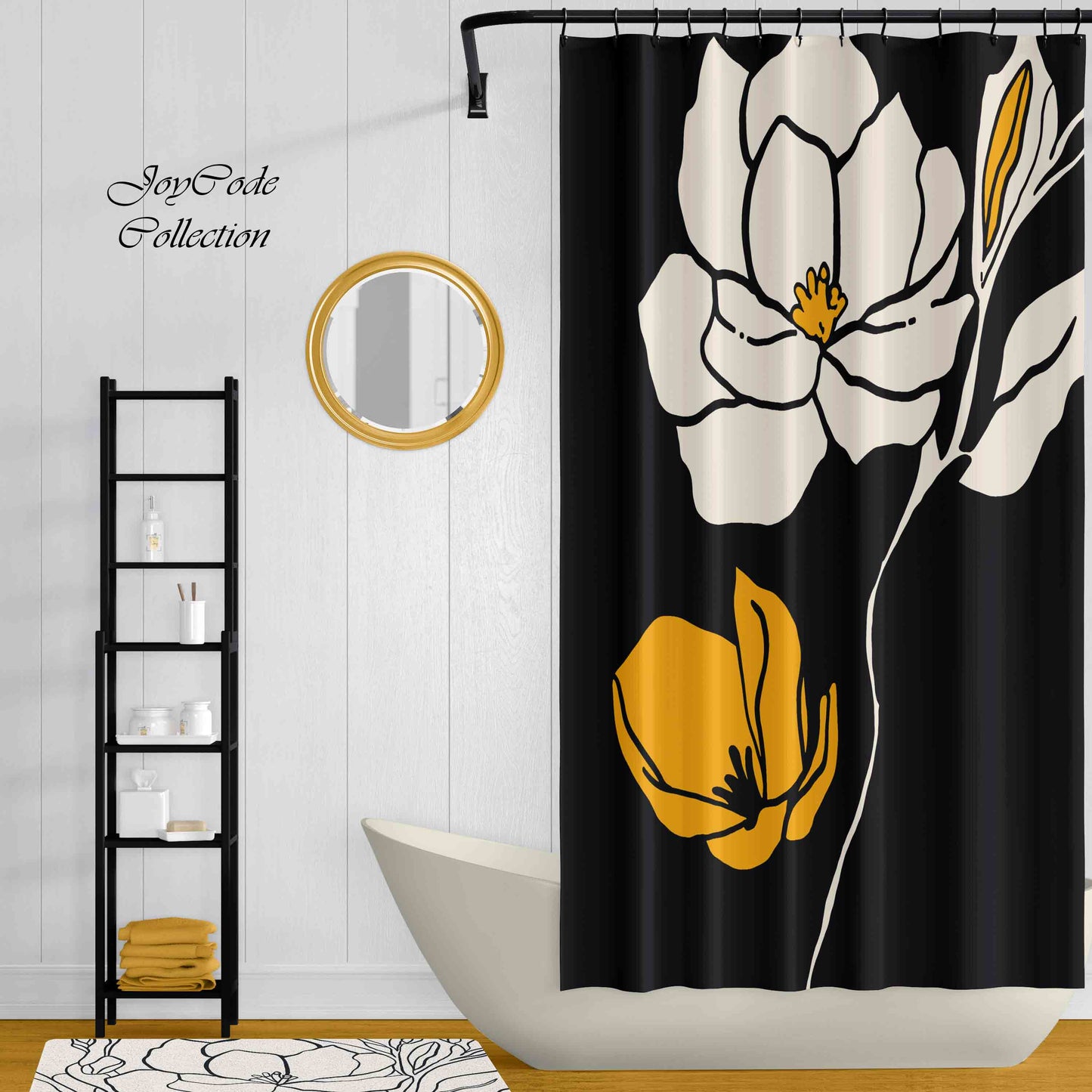 JoySwallow White Orange Flower Art Shower Curtain, Leaves Waterproof Curtains, Floral Machine Washable Shower Curtains, flower Heavy Weighted Bath Curtains with hooks