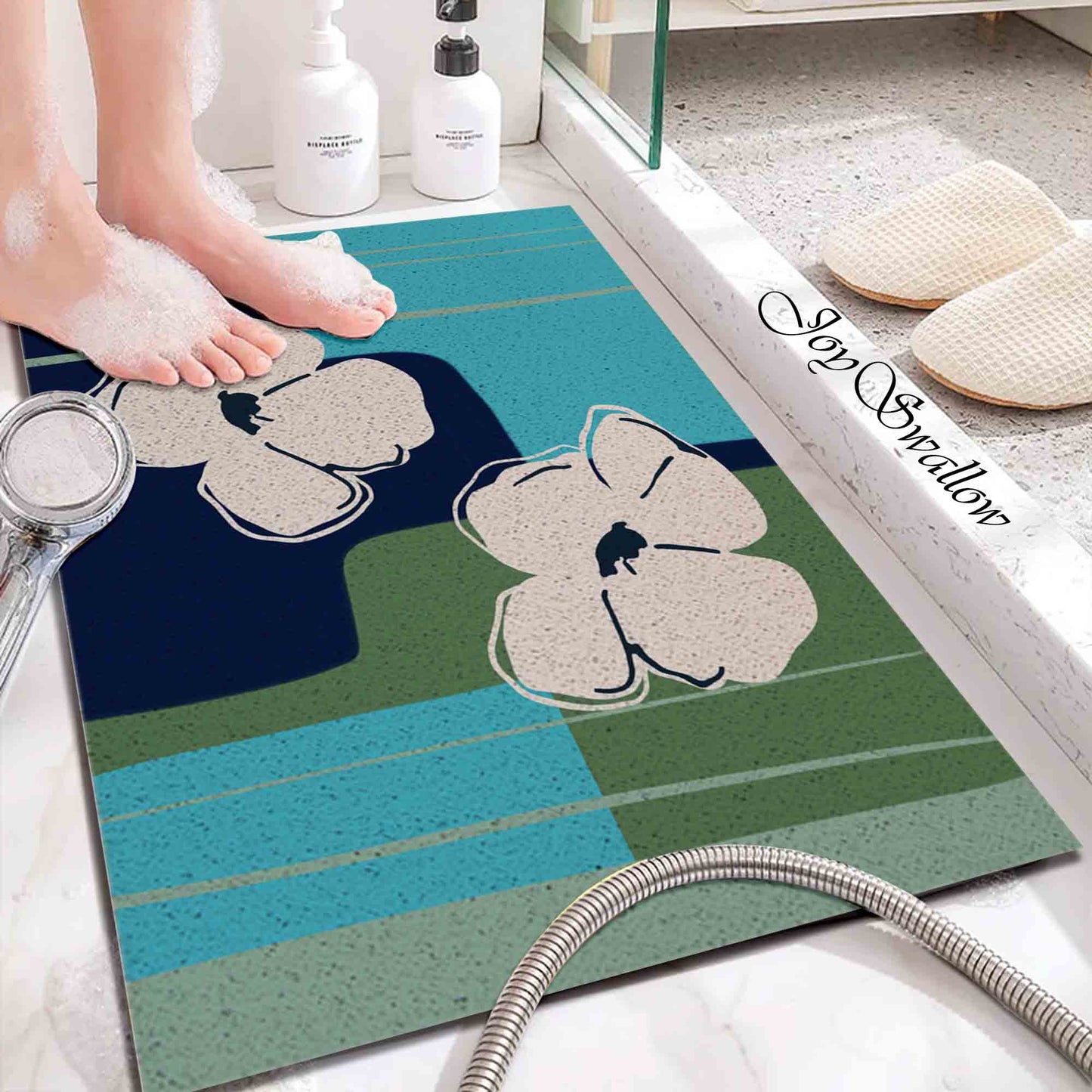 JoySwallow Personalized Bathtub Mat, White Anemone Bath Tub Mat, Flower PVC Coil Permeable Bath Mat, Floral Drainable Bath Rug, Anti Skid Bathmat