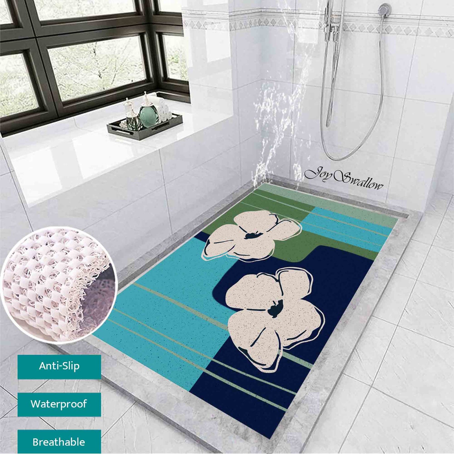 JoySwallow Personalized Bathtub Mat, White Anemone Bath Tub Mat, Flower PVC Coil Permeable Bath Mat, Floral Drainable Bath Rug, Anti Skid Bathmat