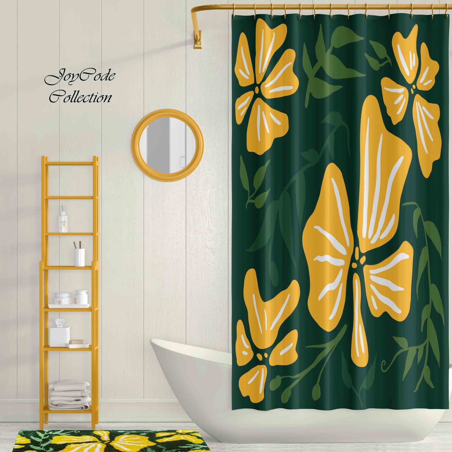 JoySwallow Yellow Buttercup Flowers Shower Curtain, Leaves Waterproof Curtains, Floral Machine Washable Shower Curtains, Heavy Weighted Bath Curtains with hooks