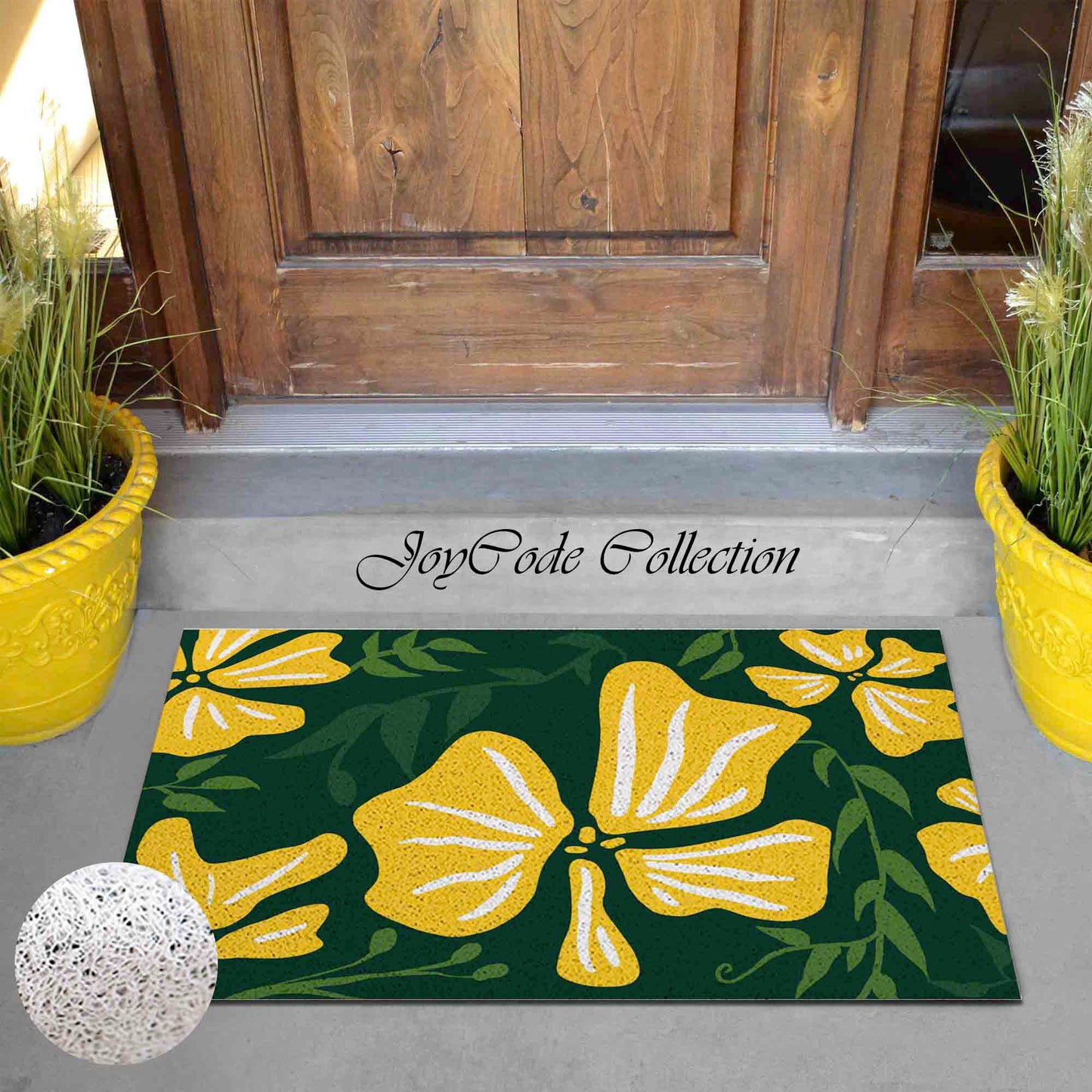 JoySwallow Yellow Buttercup Flower PVC Coil Entrance Door Mat, Irregular Blocks Anti-Skid Outdoor Mat, Animal Entryway Rug for Porch Courtyard