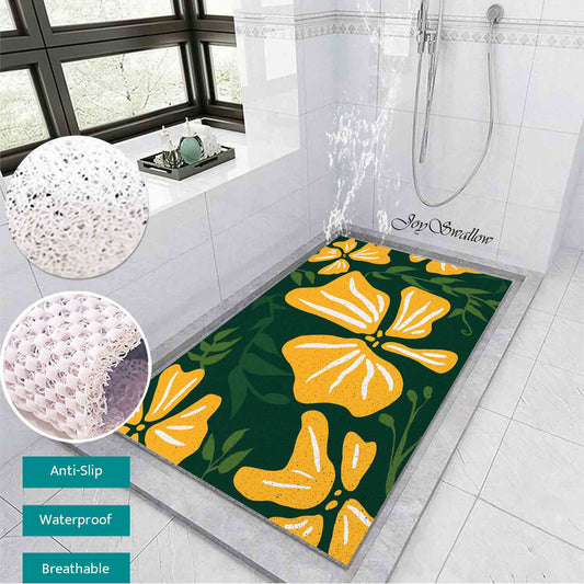 JoySwallow Personalized Bathtub Mat, Yellow Buttercup Flower Bathtub Mat, Art PVC Coil Shower Mat, Flower Anti Skid PVC Coil Bathmat, Permeable Bathmat, Drainable Rug