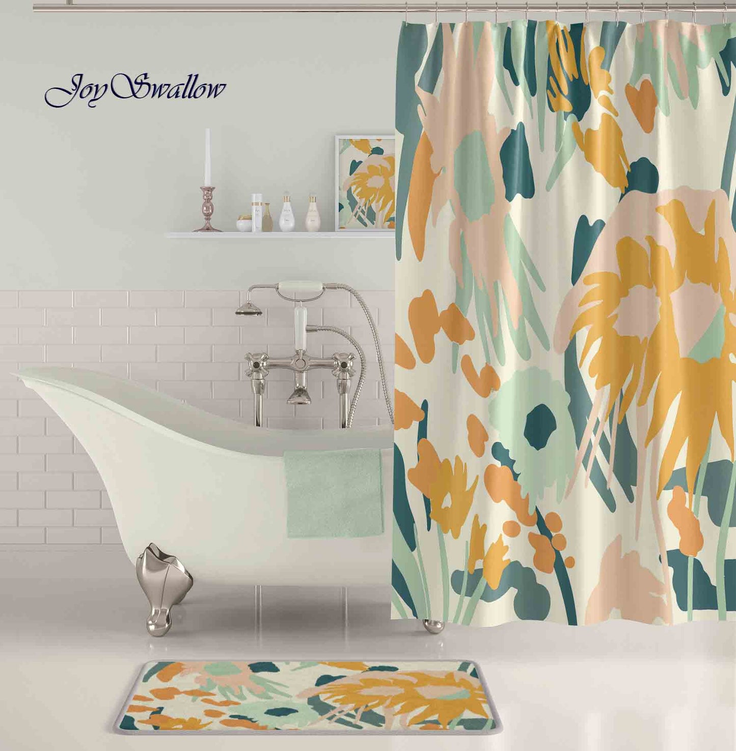 JoySwallow Personalized Shower Curtain, Yellow Green Abstract Flowers Shower Curtain, Abstract Waterproof Curtains, Floral Machine Washable Shower Curtains, Flower Heavy Weighted Bath Curtains with hooks